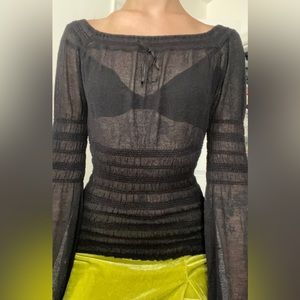 Sheer black long flowy sleeve shirt blouse with ruching